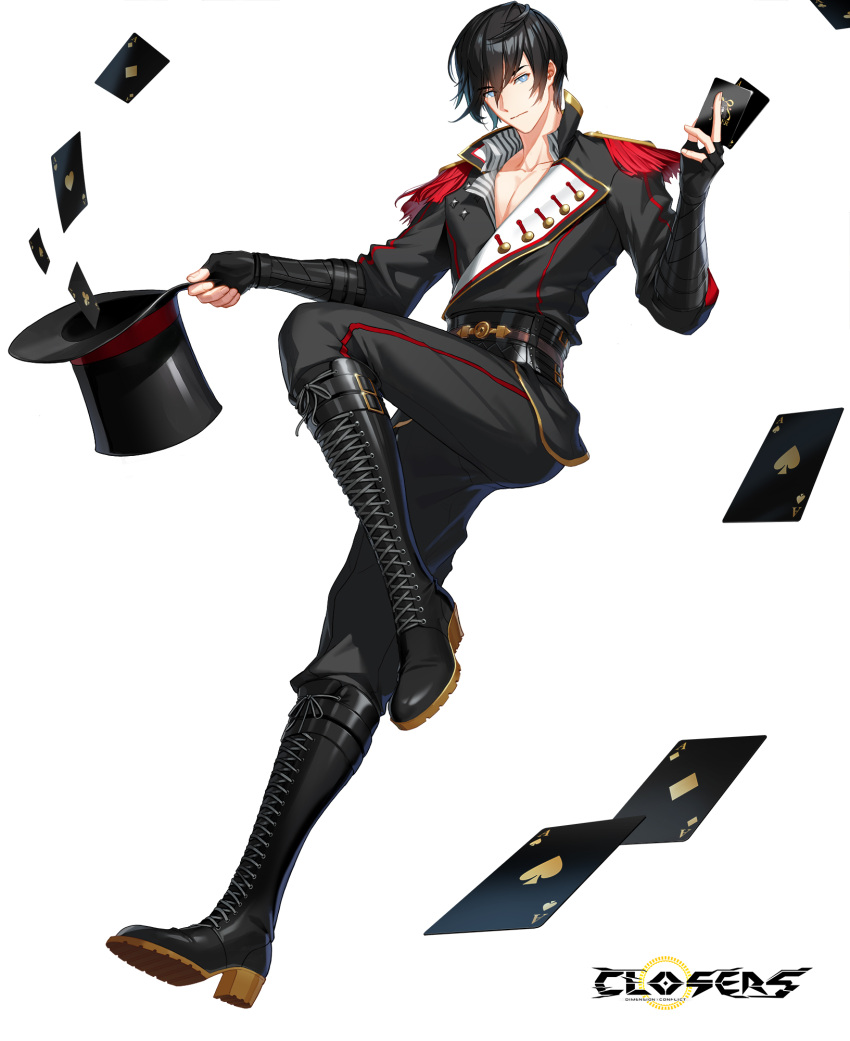 1boy ace_(playing_card) ace_of_clubs ace_of_diamonds ace_of_hearts ace_of_spades belt between_fingers black_belt black_footwear black_gloves black_hair black_jacket black_pants blue_eyes boots card chulsoo_kim_(closers) closed_mouth closers club_(shape) collarbone collared_shirt copyright_name cross-laced_footwear diamond_(shape) dress_shirt epaulettes fingerless_gloves full_body gloves hair_between_eyes hand_up hat heart highres holding holding_card holding_clothes holding_hat jacket knee_boots lace-up_boots leg_up logo long_sleeves looking_at_viewer looking_to_the_side male_focus official_art pants pants_tucked_in pectoral_cleavage pectorals playing_card shirt short_hair solo spade_(shape) standing standing_on_one_leg striped striped_shirt tachi-e top_hat unworn_hat unworn_headwear v-neck vertical-striped_shirt vertical_stripes white_background