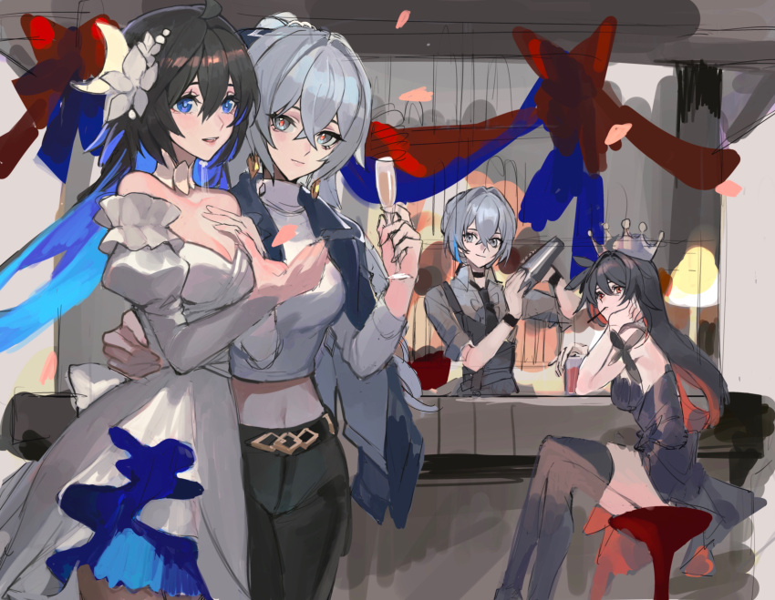 4girls absurdres ahoge alternate_costume bartender birthday birthday_party black_hair black_necktie black_pants black_thighhighs blue_hair bronya_zaychik bronya_zaychik_(silverwing:_n-ex) chinese_commentary closed_mouth cocktail_shaker colored_inner_hair company_connection counter couple crossed_bangs crown cup dress earrings flower grey_eyes greyscale hair_between_eyes hair_flaps hair_flower hair_ornament hand_on_another's_back hand_on_own_chin happy highres holding holding_cup holding_shaker honkai:_star_rail honkai_(series) honkai_impact_3rd indoors jewelry looking_at_another midriff mie_xing monochrome multicolored_hair multiple_girls navel necktie open_mouth pants red_eyes redhead seele_(alter_ego) seele_vollerei seele_vollerei_(herrscher_of_rebirth) seele_vollerei_(starchasm_nyx) silver_wolf_(honkai:_star_rail) sitting smile standing streaked_hair thigh-highs unfinished white_dress white_flower yuri