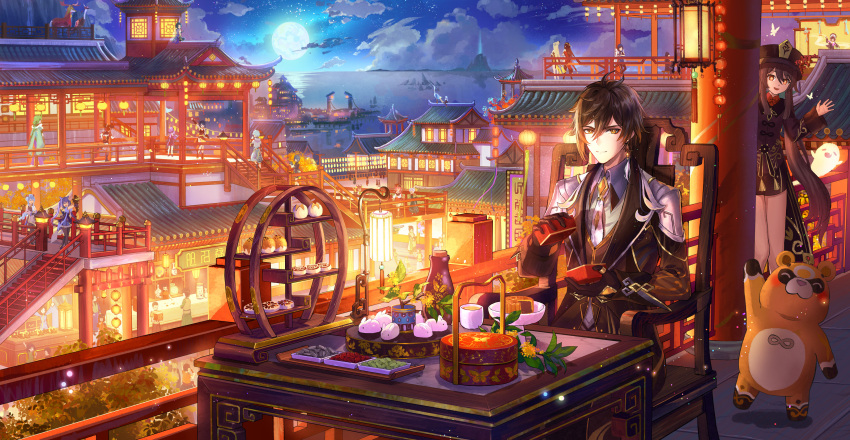 6+boys 6+girls absurdres architecture armchair baizhu_(genshin_impact) balcony beidou_(genshin_impact) black_headwear black_shorts boo_tao_(genshin_impact) brown_hair bug butterfly chair chinese_architecture chinese_clothes chongyun_(genshin_impact) cityscape clouds coattails collared_coat cup earrings east_asian_architecture eyeliner eyeshadow flower flower-shaped_pupils food formal ganyu_(genshin_impact) genshin_impact ghost guoba_(genshin_impact) hair_between_eyes hat hat_flower hat_tassel hebbtia highres hu_tao_(genshin_impact) jacket jewelry keqing_(genshin_impact) lantern long_hair long_sleeves looking_at_viewer madame_ping_(genshin_impact) makeup moon moon_carver_(genshin_impact) mooncake mountain_shaper_(genshin_impact) necktie night ningguang_(genshin_impact) ocean open_mouth plum_blossoms porkpie_hat red_eyes red_eyeshadow rex_lapis_(genshin_impact) shorts single_earring sky smile suit sweets symbol-shaped_pupils table tassel tassel_earrings teacup thumb_ring twintails very_long_hair white_necktie xiangling_(genshin_impact) xiao_(genshin_impact) xingqiu_(genshin_impact) xinyan_(genshin_impact) yanfei_(genshin_impact) yaoyao_(genshin_impact) yelan_(genshin_impact) yellow_eyes yun_jin_(genshin_impact) zhongli_(genshin_impact)