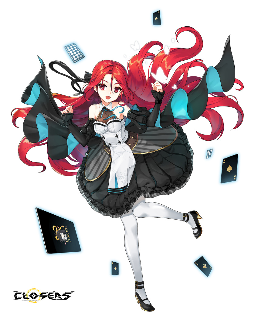 1girl :d ace_(playing_card) ace_of_clubs ace_of_diamonds ace_of_hearts ace_of_spades anklet back_bow bare_shoulders black_bow black_dress black_footwear black_nails black_sleeves blue_ribbon bow breasts bright_pupils bug butterfly card clenched_hands closers club_(shape) collared_dress copyright_name detached_sleeves diamond_(shape) dress floating_hair frilled_dress frills full_body glowing_butterfly hair_between_eyes hair_bow hands_up head_tilt heart high_heels highres jewelry joker_(playing_card) juliet_sleeves leg_up logo long_hair long_sleeves looking_at_viewer mary_janes neck_ribbon official_art pantyhose parted_bangs playing_card puffy_sleeves red_eyes redhead ribbon seth_(closers) sharp_teeth shoes sleeveless sleeveless_dress sleeves_past_wrists small_breasts smile solo spade_(shape) standing standing_on_one_leg tachi-e teeth two-tone_dress upper_teeth_only very_long_hair white_background white_dress white_pantyhose white_pupils