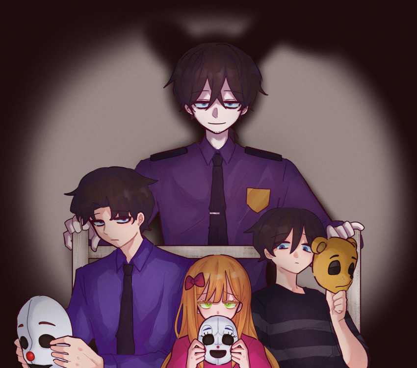 1girl 3boys bad_id bad_pixiv_id badge bear_mask black_shirt blue_eyes bow brown_hair character_mask circus_baby_(fnaf) closed_mouth clown_mask clown_nose collared_shirt commentary crying_child_(fnaf) different_shadow elizabeth_afton ennard family five_nights_at_freddy's five_nights_at_freddy's:_sister_location five_nights_at_freddy's_4 golden_freddy green_eyes hair_between_eyes hair_bow half-closed_eyes highres hiji_(hijichan) holding holding_mask korean_commentary long_hair long_sleeves looking_at_viewer mask michael_afton multiple_boys necktie orange_hair pink_bow pink_shirt purple_shirt security_guard shirt short_hair simple_background smile spoilers springtrap tie_clip upper_body william_afton