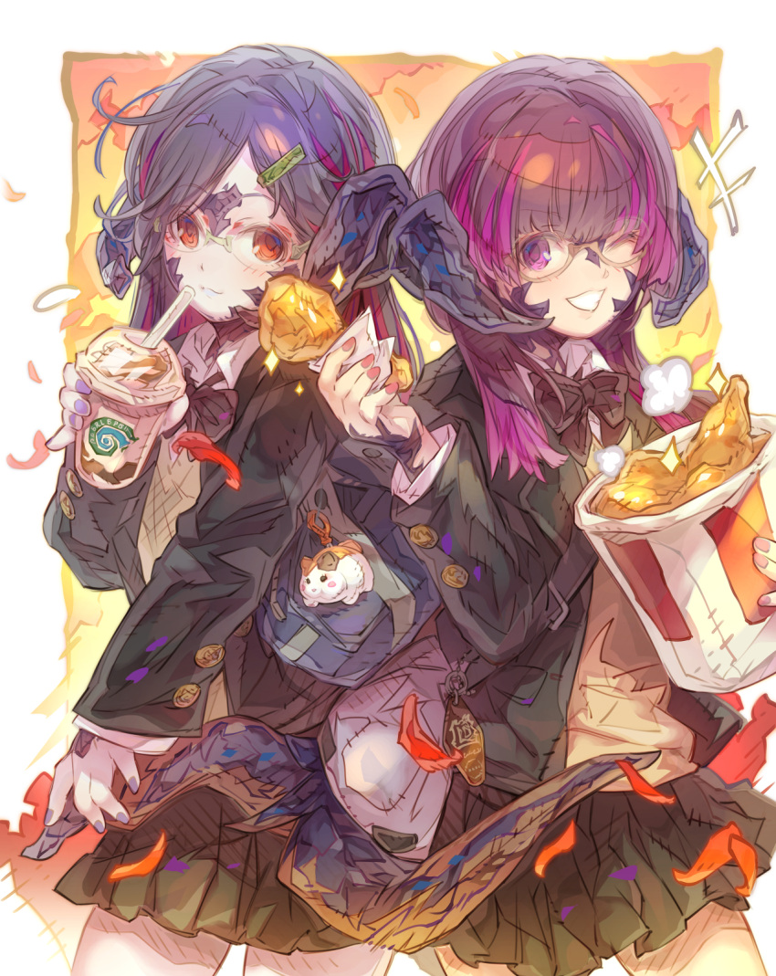 +++ 2girls au_ra black_bow black_hair black_jacket black_skirt blazer blush bow bucket chicken_leg closed_mouth collared_shirt commentary_request commission cup disposable_cup dragon_girl dragon_horns dragon_tail drinking_straw final_fantasy final_fantasy_xiv food fried_chicken glasses grin hair_ornament hairclip haku_(sabosoda) highres holding holding_bucket holding_cup holding_food horns jacket long_sleeves multicolored_hair multiple_girls nail_polish one_eye_closed open_clothes open_jacket pleated_skirt purple_hair purple_nails red_eyes scales school_uniform shirt skeb_commission skirt sleeves_past_wrists smile streaked_hair sweater_vest tail violet_eyes white_shirt