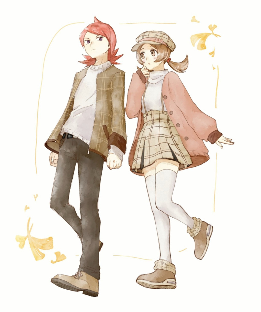 1boy 1girl alternate_costume asuka_rkgk belt black_belt blush brown_eyes brown_footwear brown_hair brown_jacket buttons commentary cowlick hand_up hat highres jacket long_sleeves looking_down lyra_(pokemon) open_clothes open_jacket pants pokemon pokemon_(game) pokemon_hgss shoes silver_(pokemon) skirt symbol-only_commentary thigh-highs twintails white_background white_thighhighs