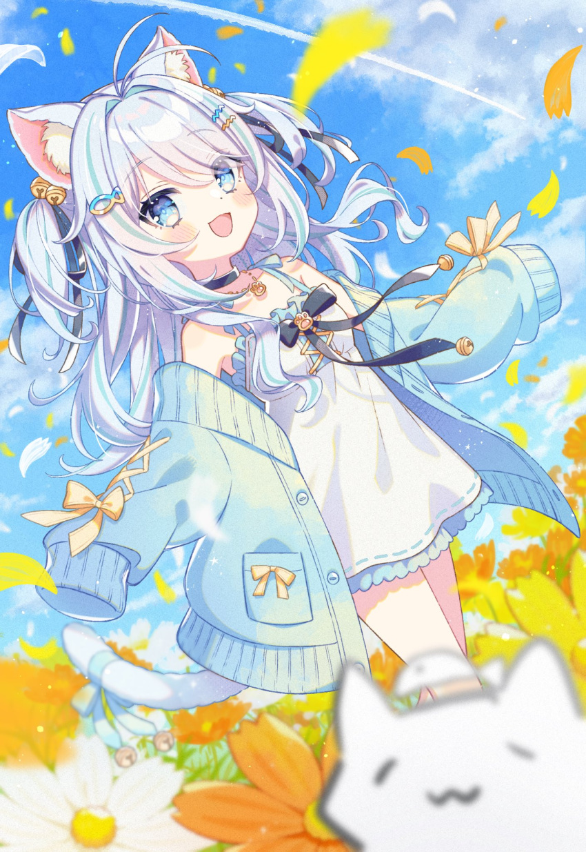 1girl :d animal_ears aqua_hair blue_cardigan blue_eyes blue_hair breasts cardigan cat_ears cat_girl cat_tail dress field flower flower_field highres indie_virtual_youtuber jewelry light_blue_hair long_hair long_sleeves looking_at_viewer multicolored_hair necklace nekono_shiyu off_shoulder open_cardigan open_clothes open_mouth oversized_clothes paw_pendant second-party_source shuu@maihikuboshuchu sleeves_past_fingers sleeves_past_wrists small_breasts smile streaked_hair sundress tail two-tone_hair two_side_up virtual_youtuber white_dress white_hair yellow_flower