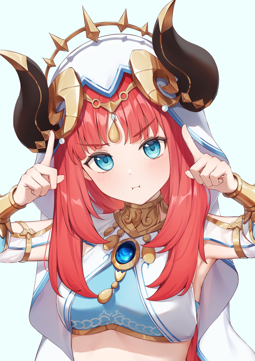 1girl :i absurdres aqua_background aqua_eyes armpits blush bracer breasts brooch circlet closed_mouth crop_top detached_sleeves fake_horns genshin_impact gold_trim hands_up highres horns index_finger_raised jewelry long_hair looking_at_viewer medium_breasts neck_ring nilou_(genshin_impact) parted_bangs portrait pout redhead sidelocks simple_background solo upper_body v-shaped_eyebrows veil yuu_maraa
