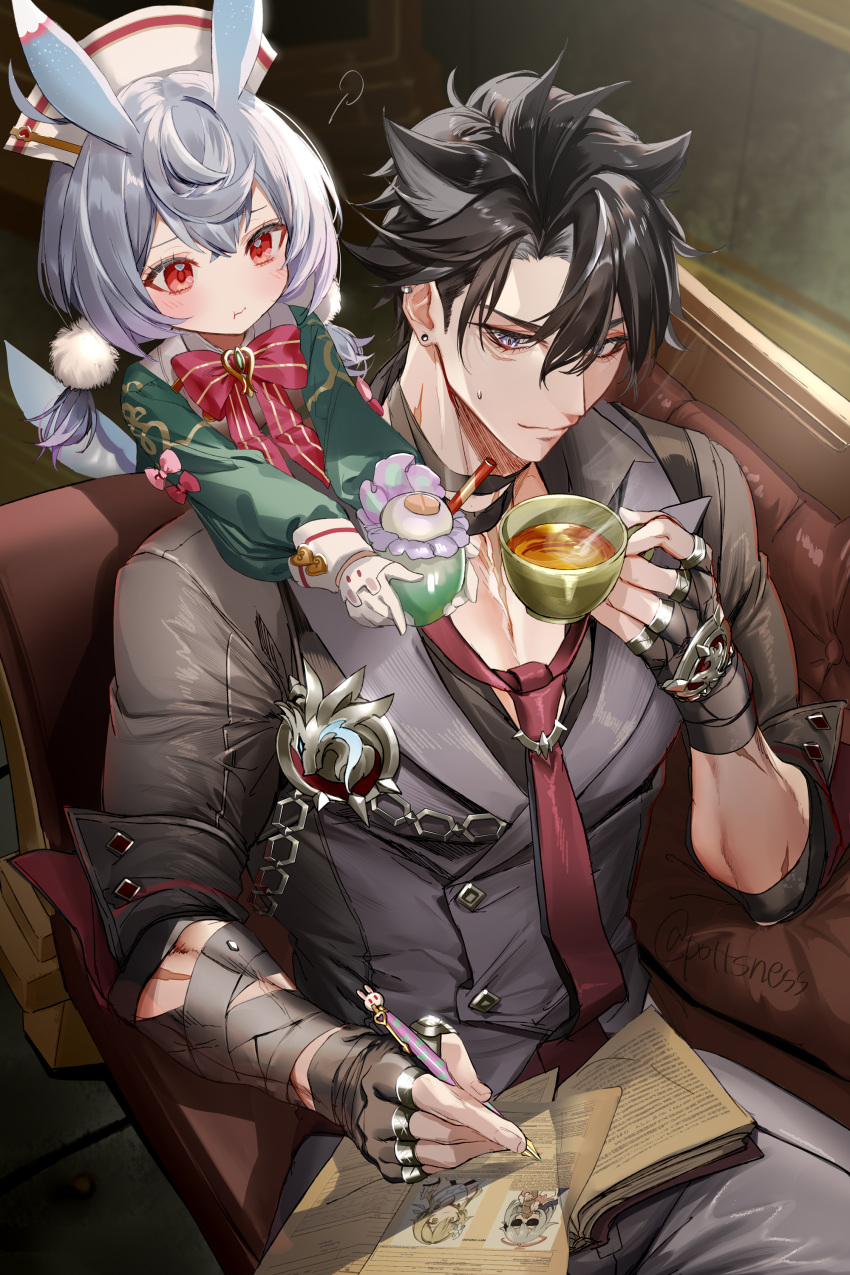 1boy 1girl =3 absurdres animal_ears bandaged_arm bandages black_gloves black_hair book bow chair closed_mouth cup drinking_straw ear_piercing fingerless_gloves genshin_impact gloves grey_hair hair_between_eyes hair_ornament hat highres holding holding_cup long_sleeves lumine_(genshin_impact) necktie paimon_(genshin_impact) paper pen piercing pom_pom_(clothes) pom_pom_hair_ornament pottsness red_bow red_eyes red_necktie shirt sigewinne_(genshin_impact) sitting sweat twitter_username white_gloves white_headwear wriothesley_(genshin_impact)