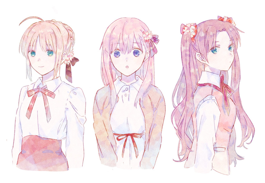 3girls :o ahoge artoria_pendragon_(fate) black_ribbon blonde_hair brown_hair brown_vest cardigan cherry_blossoms collared_dress collared_shirt commentary double-parted_bangs dress fate/stay_night fate_(series) flower forehead green_eyes hair_between_eyes hair_flower hair_ornament hair_ribbon high-waist_skirt highres light_smile long_hair long_sleeves looking_at_viewer looking_to_the_side machi_(uqyjee) matou_sakura multiple_girls neck_ribbon parted_bangs pink_hair purple_ribbon red_ribbon red_skirt ribbon saber shirt sidelocks skirt tohsaka_rin twintails vest violet_eyes waist_ribbon white_background white_dress white_shirt