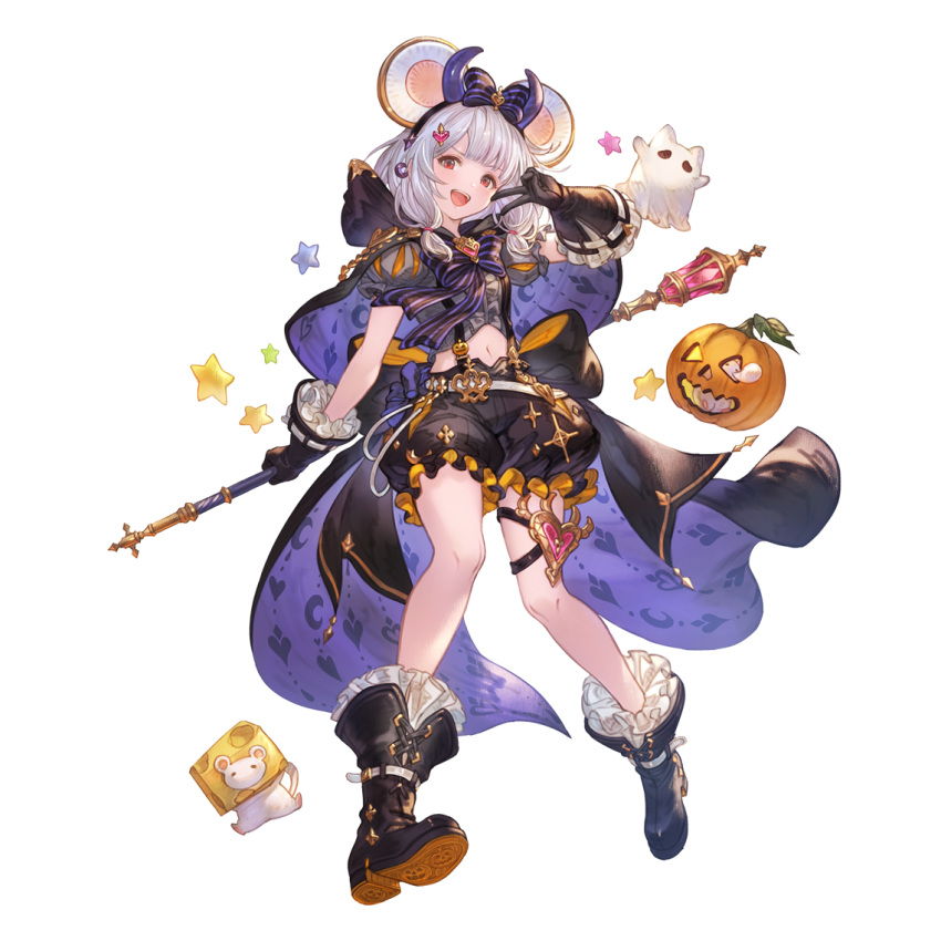 1girl alpha_transparency animal_ears black_cape black_gloves black_shirt black_shorts blush boots cape fake_animal_ears fake_horns frilled_gloves frilled_shirt frilled_shorts frills full_body gloves granblue_fantasy h hair_ornament halloween holding holding_scepter horns jack-o'-lantern looking_at_viewer midriff minaba_hideo mouse mouse_ears navel official_alternate_costume open_mouth puffy_short_sleeves puffy_sleeves red_eyes scepter shirt short_sleeves shorts solo suspenders v vikala_(granblue_fantasy)
