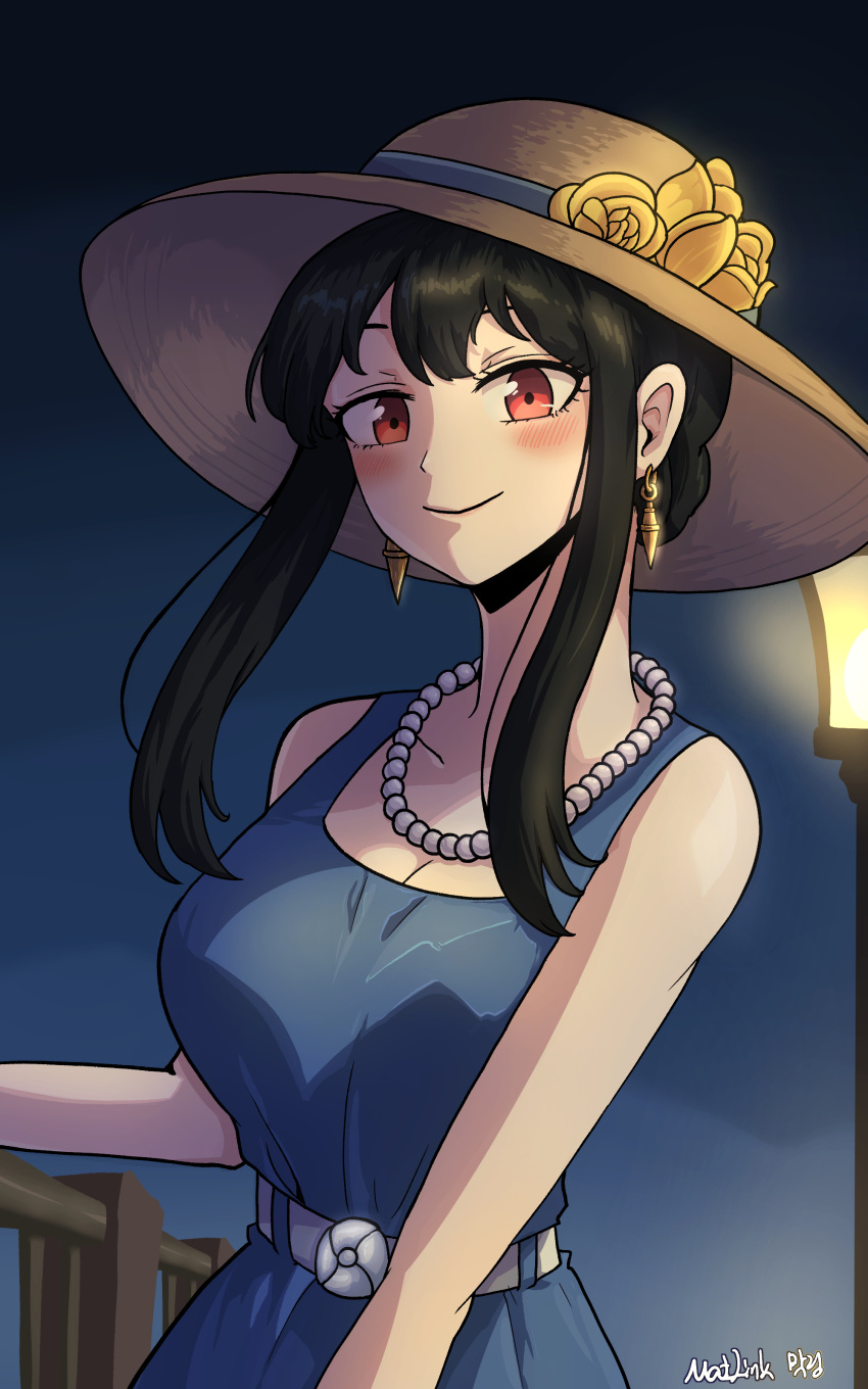 1girl absurdres black_hair blue_dress closed_mouth dress earrings gold_earrings hat highres jewelry lamppost looking_at_viewer matlink necklace night outdoors pearl_necklace red_eyes smile solo spy_x_family sun_hat yor_briar
