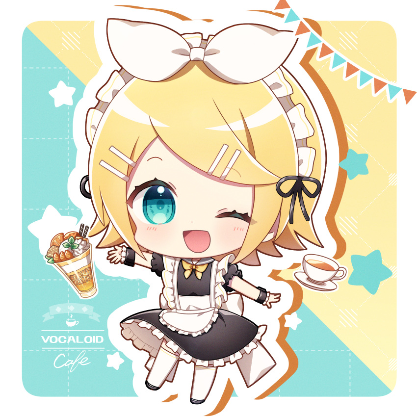 1girl alternate_costume apron aqua_eyes black_dress black_footwear blonde_hair bow cafe chibi coffee_cup coffee_maker_(object) collared_dress copyright_name cup disposable_cup dress enmaided frilled_apron frills full_body hair_ornament hairband hairclip highres kagamine_rin maid maid_apron maid_headdress one_eye_closed open_mouth puffy_short_sleeves puffy_sleeves shoes short_hair short_sleeves star_(symbol) takashina_taaa thigh-highs vocaloid white_apron white_thighhighs