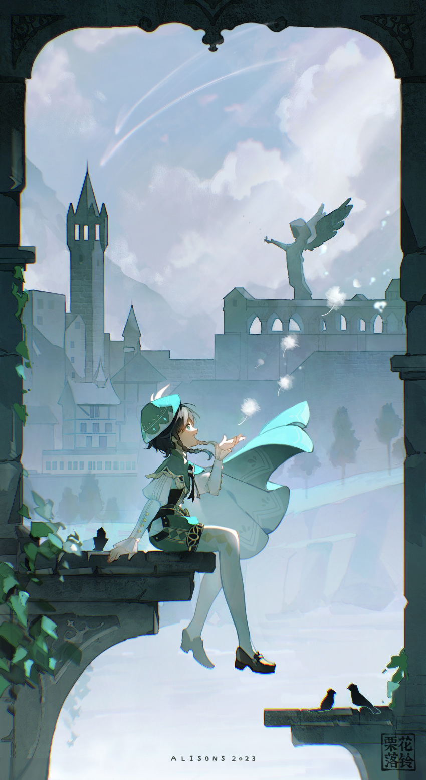 1boy absurdres aixixixixi aqua_hair artist_name beret bird black_hair braid brown_footwear building cape capelet chromatic_aberration city clouds cloudy_sky collared_capelet corset dandelion_seed dated day floating_hair frilled_sleeves frills genshin_impact gradient_hair green_cape green_capelet green_headwear green_shorts hair_between_eyes hand_up hat highres house long_sleeves male_focus mountain multicolored_hair pantyhose plant profile shirt shoes shooting_star short_hair_with_long_locks shorts side_braids sidelocks sitting sky solo statue swept_bangs tower tree twin_braids venti_(genshin_impact) vines water watermark white_pantyhose white_shirt