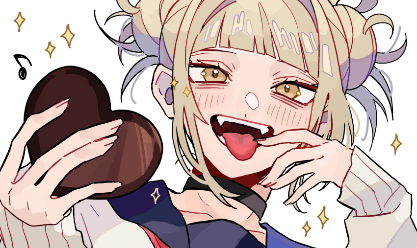 1girl :d bad_id bad_pixiv_id black_choker blonde_hair blue_sailor_collar blunt_bangs blush boku_no_hero_academia candy cardigan chocolate choker close-up collarbone commentary_request double_bun fangs food hair_bun heart heart-shaped_chocolate highres holding holding_chocolate holding_food long_sleeves looking_at_viewer messy_hair musical_note neckerchief open_mouth red_neckerchief sailor_collar school_uniform serafuku short_hair sidelocks simple_background sleeves_past_wrists smile solo sparkle toga_himiko tongue tongue_out white_background yellow_eyes yumei_(jigoku101)