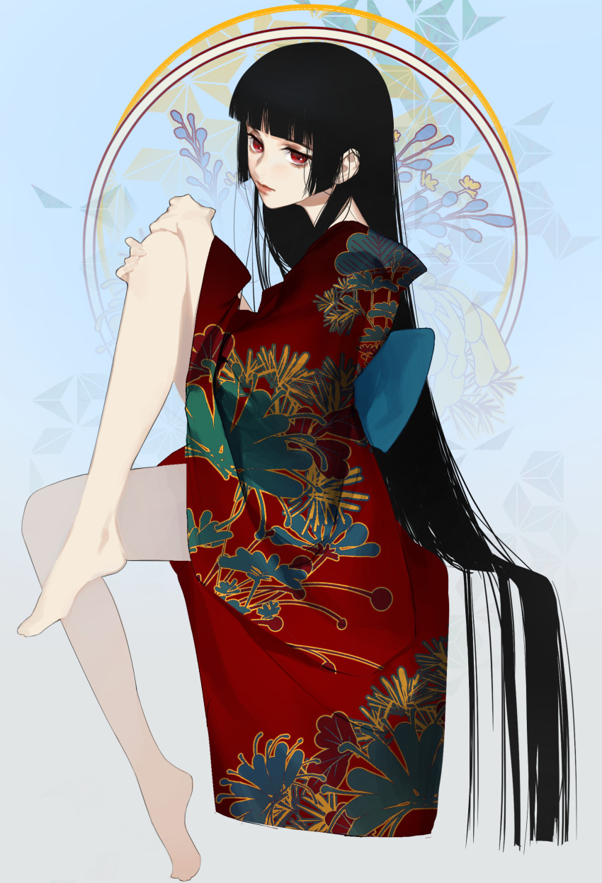 1girl absurdres bare_legs barefoot black_hair blunt_bangs closed_mouth commentary_request enma_ai feet floral_print floral_print_kimono flower from_side full_body highres hime_cut japanese_clothes jigoku_shoujo kimono legs long_hair long_sleeves looking_at_viewer obi red_eyes red_kimono san-chun sash sitting solo spider_lily very_long_hair wide_sleeves