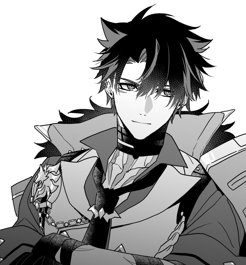 1boy animal_ears chain coat crossed_arms earrings fur-trimmed_coat fur_trim genshin_impact hair_between_eyes highres jewelry male_focus nage_(sacosui_ng) necktie scar scar_on_neck short_hair smile solo upper_body wriothesley_(genshin_impact)