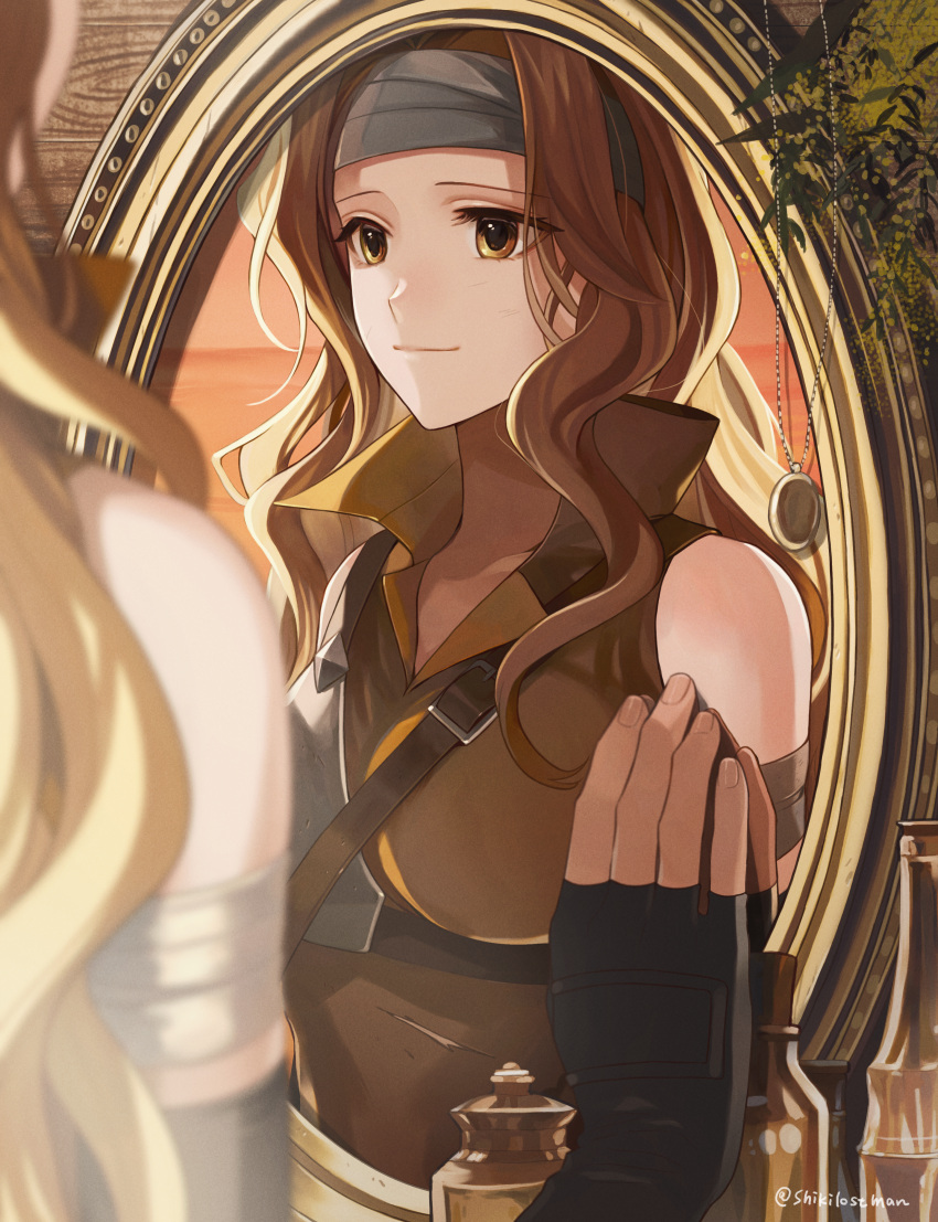 1girl absurdres black_gloves blonde_hair brigid_(fire_emblem) brown_eyes closed_mouth commission commissioner_upload eyvel fingerless_gloves fire_emblem fire_emblem:_genealogy_of_the_holy_war gloves headband highres iro_saki long_hair looking_at_mirror mirror muneate non-web_source reflection skeb_commission smile solo wavy_hair