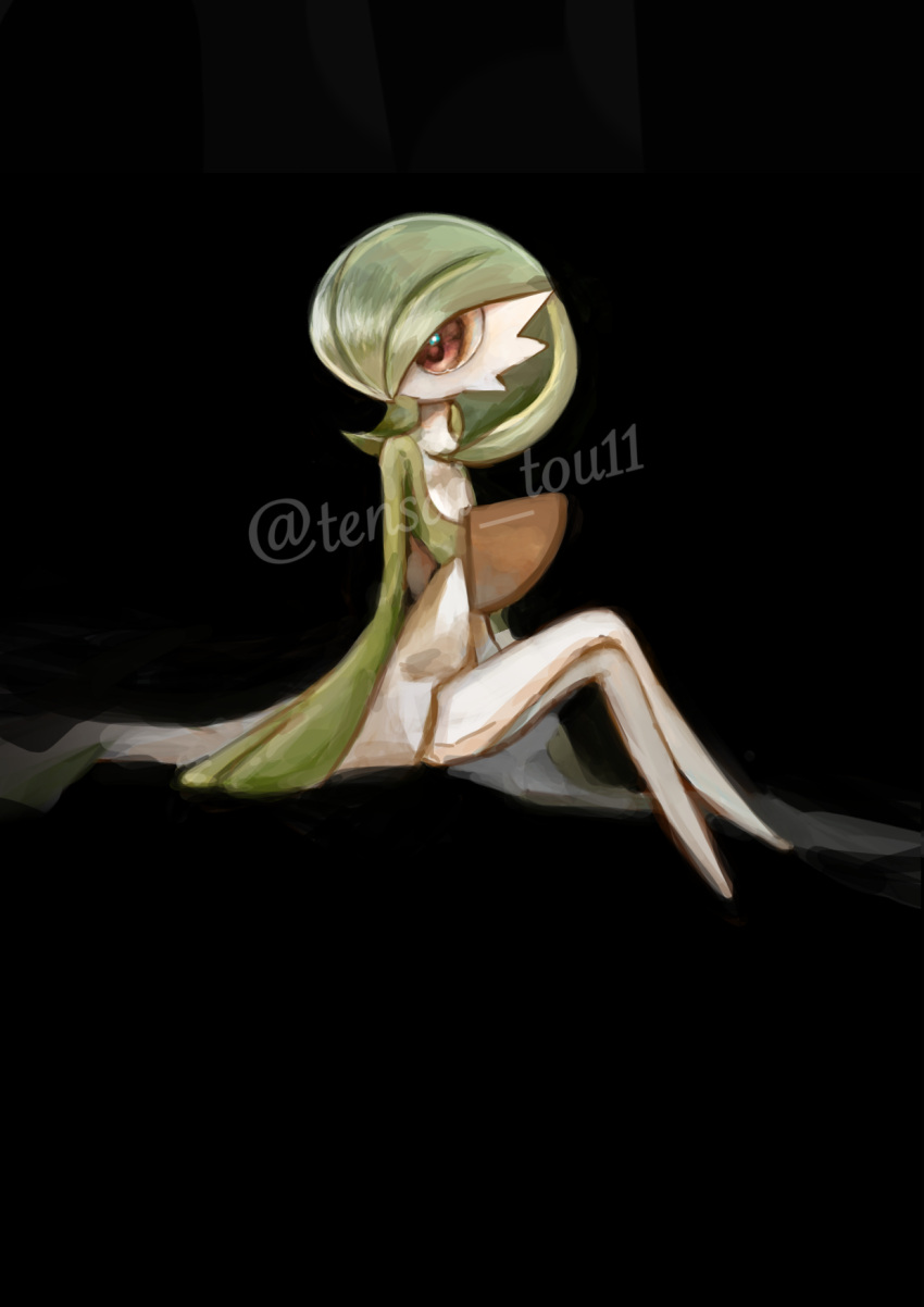 1girl arms_at_sides artist_name black_background bob_cut colored_skin commentary crossed_legs flat_chest full_body gardevoir green_hair green_skin hair_over_one_eye highres legs legs_together looking_to_the_side multicolored_skin one_eye_covered pokemon pokemon_(creature) red_eyes short_hair simple_background sitting solo tensaitou_tou thighs twitter_username two-tone_skin watermark white_skin