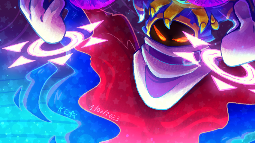 1boy buckle crown dated disembodied_limb highres horns kirby's_return_to_dream_land kirby_(series) looking_at_viewer magolor male_focus master_crown no_humans red_eyes signature solo star_(symbol) themandarineternal