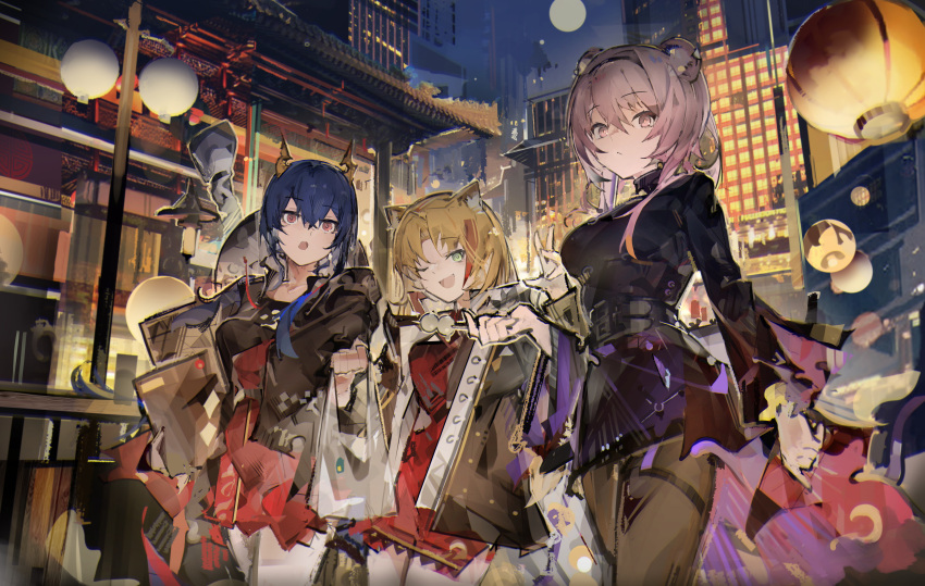 3girls :o absurdres animal_ears architecture arknights arm_at_side bag bare_legs black_dress black_jacket blonde_hair blue_hair blue_sky brown_pantyhose ch'en_(arknights) commentary cowboy_shot dragon_girl dragon_horns dress east_asian_architecture english_commentary full_moon green_eyes highres holding holding_bag hood hooded_jacket horns jacket jumbowhopper lantern lin_(arknights) long_sleeves looking_at_viewer moon mouse_ears multiple_girls night night_sky one_eye_closed open_mouth outdoors pantyhose pink_eyes pink_hair red_dress red_eyes redhead shopping_bag short_hair sidelocks sky skyline smile swire_(arknights) tiger_ears tiger_girl w
