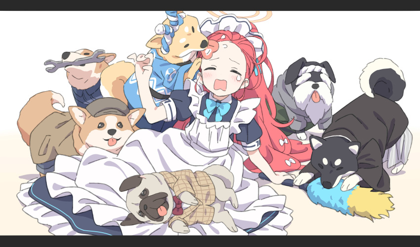 1girl absurdres animal apron black_dress blue_archive blush closed_eyes dog dress duster frilled_apron frilled_dress frills halo highres laika_(sputnik2nd) long_hair maid maid_apron maid_headdress official_alternate_costume open_mouth puffy_short_sleeves puffy_sleeves redhead short_sleeves solo white_apron wrench yellow_halo yuzu_(blue_archive) yuzu_(maid)_(blue_archive)
