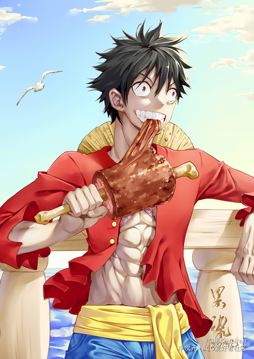 1boy absurdres animal artist_name bird biting black_hair boned_meat chinese_text clouds cloudy_sky eating food hat heiran_(artist) highres holding holding_food long_sleeves male_focus meat monkey_d._luffy ocean one_piece open_clothes outdoors red_shirt scar scar_on_cheek scar_on_chest scar_on_face shirt short_hair sky smile solo straw_hat teeth third-party_source unworn_hat unworn_headwear water