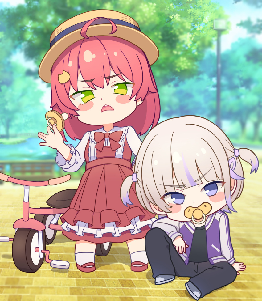 2girls absurdres aged_down black_pants blonde_hair blush_stickers dress green_eyes hat highres hololive hololive_dev_is jacket multiple_girls neg_carrot pacifier pants pink_hair purple_jacket red_dress sakura_miko short_twintails sitting straw_hat todoroki_hajime tricycle twintails violet_eyes virtual_youtuber