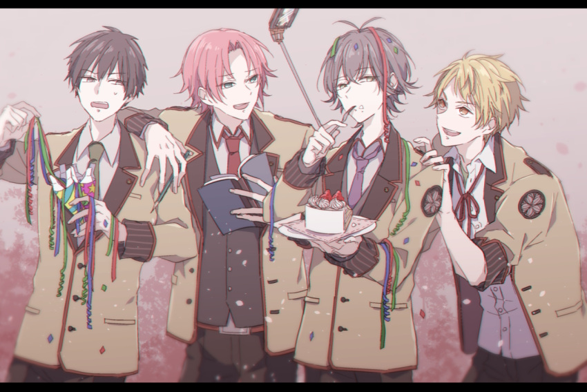 4boys :d antenna_hair arm_on_shoulder belt black_border black_eyes black_hair black_pants black_vest blazer blonde_hair book border brown_background brown_jacket bungou_to_alchemist cake cake_slice cellphone collared_shirt confetti cream cream_on_face crossed_bangs eating expressionless food food_on_face fork fruit fujiori_(ayacoe727) green_eyes green_necktie grey_hair grey_shirt grey_vest hair_between_eyes hand_on_another's_shoulder holding holding_book holding_fork holding_party_popper holding_pencil holding_plate jacket kunikida_doppo_(bungou_to_alchemist) lapels letterboxed long_sleeves looking_at_another male_focus multiple_boys neck_ribbon necktie notched_lapels official_alternate_costume open_book open_clothes open_collar open_mouth open_shirt orange_eyes pants parted_bangs party_popper pencil phone pink_hair plate purple_necktie red_belt red_necktie red_ribbon ribbon school_uniform selfie selfie_stick shimazaki_touson_(bungou_to_alchemist) shirt short_hair sideways_glance sleeve_cuffs sleeves_rolled_up smartphone smile strawberry streamers sweatdrop tayama_katai_(bungou_to_alchemist) tokuda_shusei_(bungou_to_alchemist) undershirt upper_body utensil_in_mouth v-shaped_eyebrows vest white_shirt