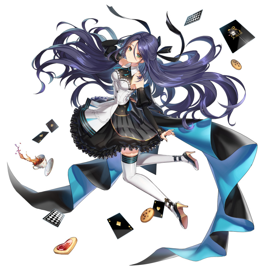 1girl ace_(playing_card) ace_of_clubs ace_of_diamonds ace_of_hearts ace_of_spades anklet arm_up back_bow bare_shoulders black_bow black_dress black_footwear black_nails black_sleeves blue_hair blue_ribbon bow breasts card closers club_(shape) collared_dress cookie copyright_name cup dark_blue_hair detached_sleeves diamond_(shape) dot_mouth dress eunha_(closers) floating_hair food frilled_dress frills from_side full_body green_eyes hair_between_eyes hair_bow hand_on_own_head hand_up heart heart-shaped_cookie high_heels highres jewelry joker_(playing_card) juliet_sleeves kneeling logo long_hair long_sleeves looking_at_viewer mary_janes medium_breasts neck_ribbon official_art parted_bangs playing_card puffy_sleeves ribbon saucer shoes sleeveless sleeveless_dress sleeves_past_wrists solo spade_(shape) spilling tachi-e tea teacup thigh-highs turning_head two-tone_dress very_long_hair white_background white_dress white_thighhighs zettai_ryouiki