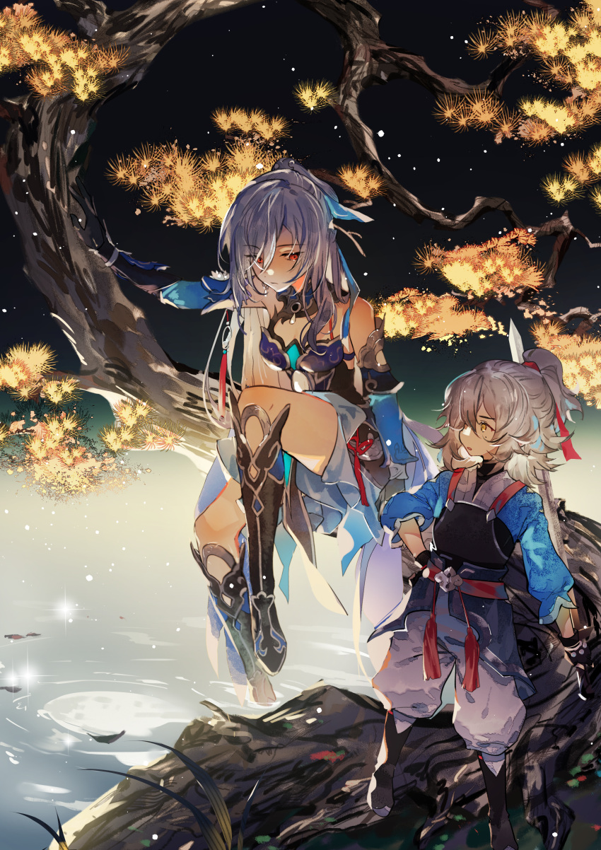 1boy 1girl :o absurdres aged_down bare_shoulders black_footwear black_gloves blue_dress blue_hair blue_shirt boots closed_mouth detached_sleeves dress earrings expressionless full_body gloves grey_hair hand_on_own_hip highres holding holding_sword holding_weapon honkai:_star_rail honkai_(series) jewelry jing_yuan jingliu_(honkai:_star_rail) light_blue_hair long_hair looking_at_another night night_sky open_mouth pants ponytail red_eyes shirt sitting_on_branch sky sleeveless sleeveless_shirt soaking_feet sword tree water weapon white_pants yellow_eyes zishengtian123