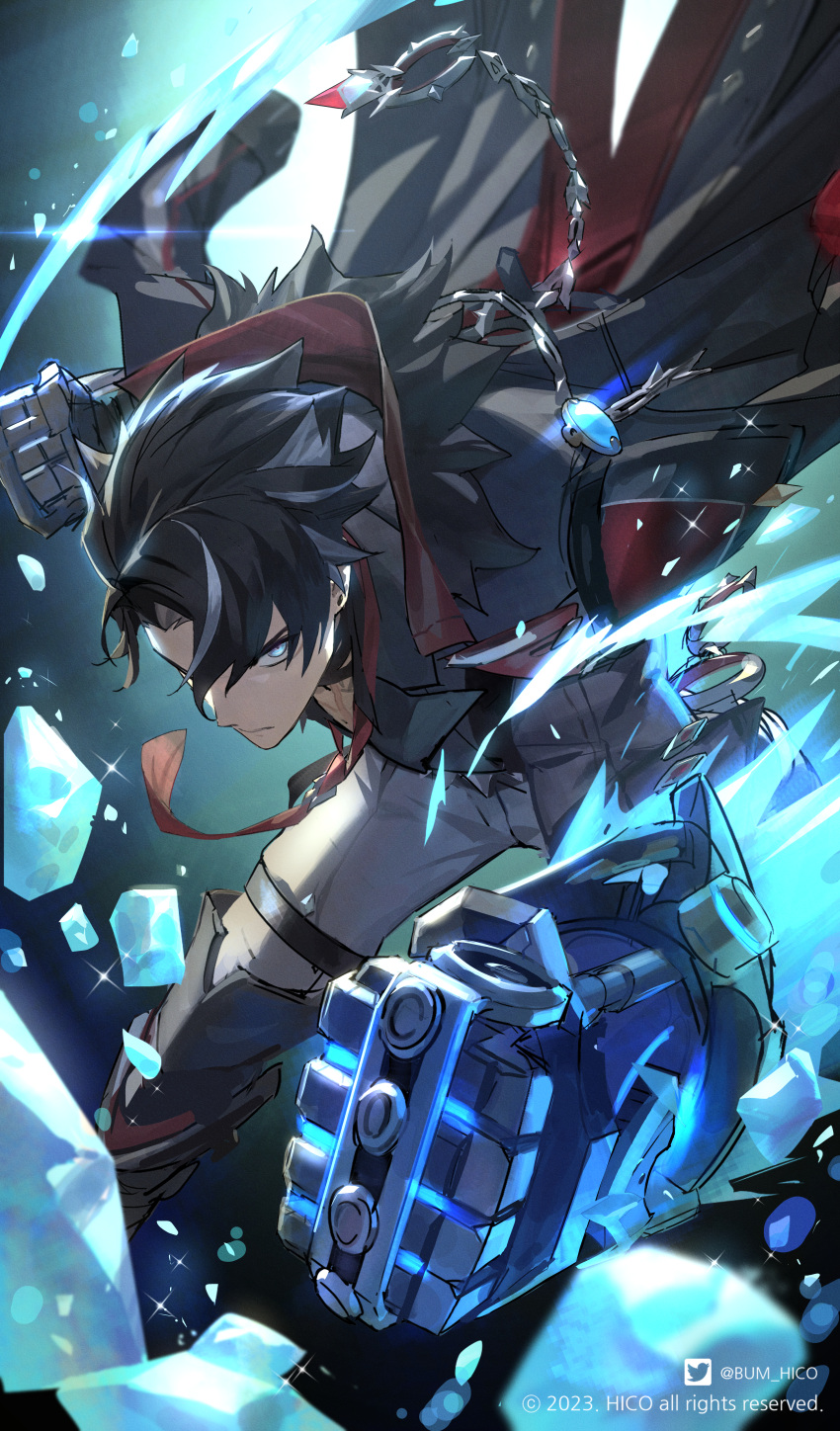 1boy absurdres black_hair breaking bum_hico closed_mouth coat fur-trimmed_coat fur_trim genshin_impact grey_pants highres ice lapels mechanical_arms necktie pants red_necktie scar scar_on_neck solo wriothesley_(genshin_impact)