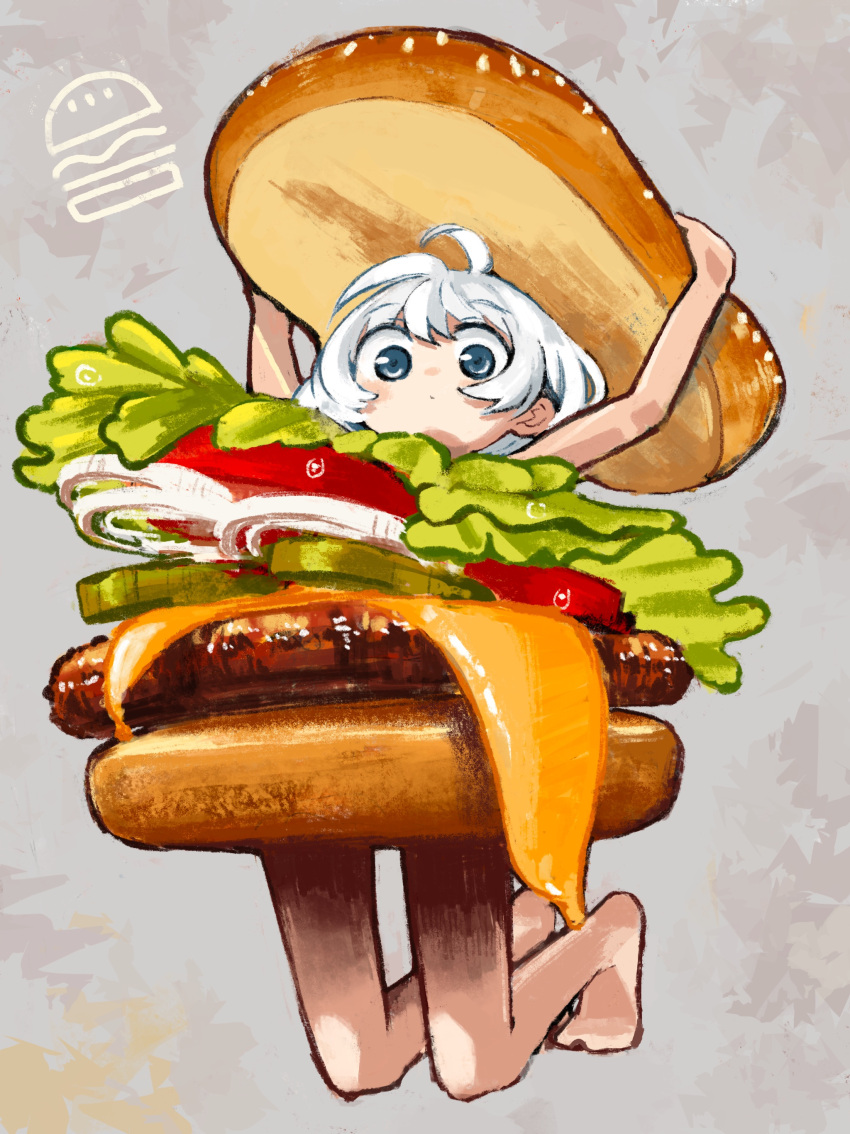 1girl absurdres ahoge arms_up barefoot blue_eyes burger burger_costume dolphilia dot_mouth food food_costume grey_background highres kneeling looking_at_viewer no_nose no_pants original short_hair solo white_hair