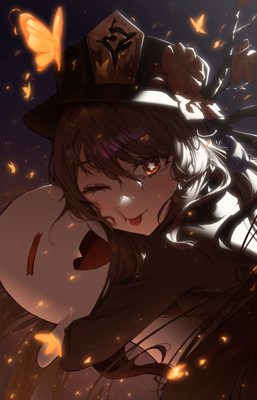 1girl ;p absurdres black_headwear boo_tao_(genshin_impact) brown_eyes brown_hair bug butterfly chinese_clothes flower flower-shaped_pupils genshin_impact ghost hat hat_flower highres hu_tao_(genshin_impact) hug jhigf long_hair looking_at_viewer one_eye_closed plum_blossoms porkpie_hat symbol-shaped_pupils tongue tongue_out