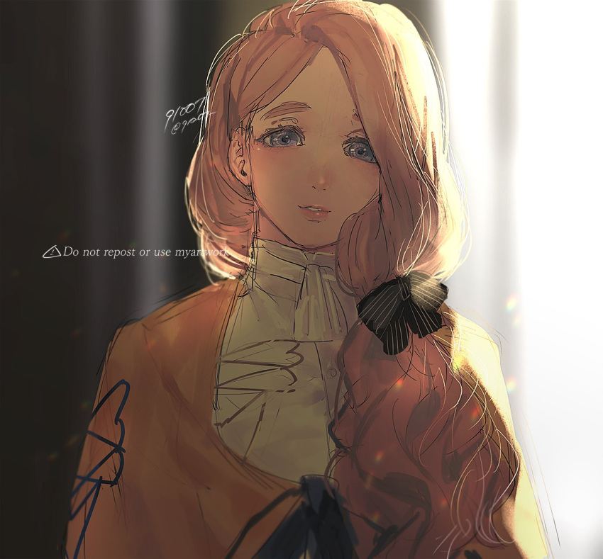 1girl 91007 artist_name black_bow blonde_hair blue_eyes bow fire_emblem fire_emblem:_three_houses hair_bow highres long_hair mercedes_von_martritz parted_lips pink_lips smile solo striped striped_bow twitter_username upper_body