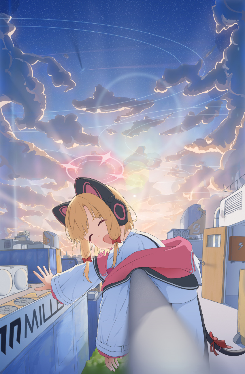 1girl absurdres animal_ear_headphones animal_ears black_tail blonde_hair blue_archive blush bow closed_eyes dsfr facing_viewer fake_animal_ears hair_bow halo headphones highres jacket long_sleeves momoi_(blue_archive) open_mouth outdoors pink_halo red_bow shirt short_hair smile solo two-sided_fabric two-sided_jacket white_jacket white_shirt