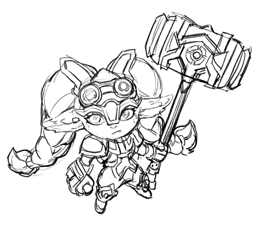 1girl armor body_fur closed_mouth fang frown full_body gloves goggles goggles_on_head greyscale hammer highres holding holding_hammer league_of_legends long_hair monochrome pointy_ears poppy_(league_of_legends) shoulder_plates solo twintails wosashimi yordle