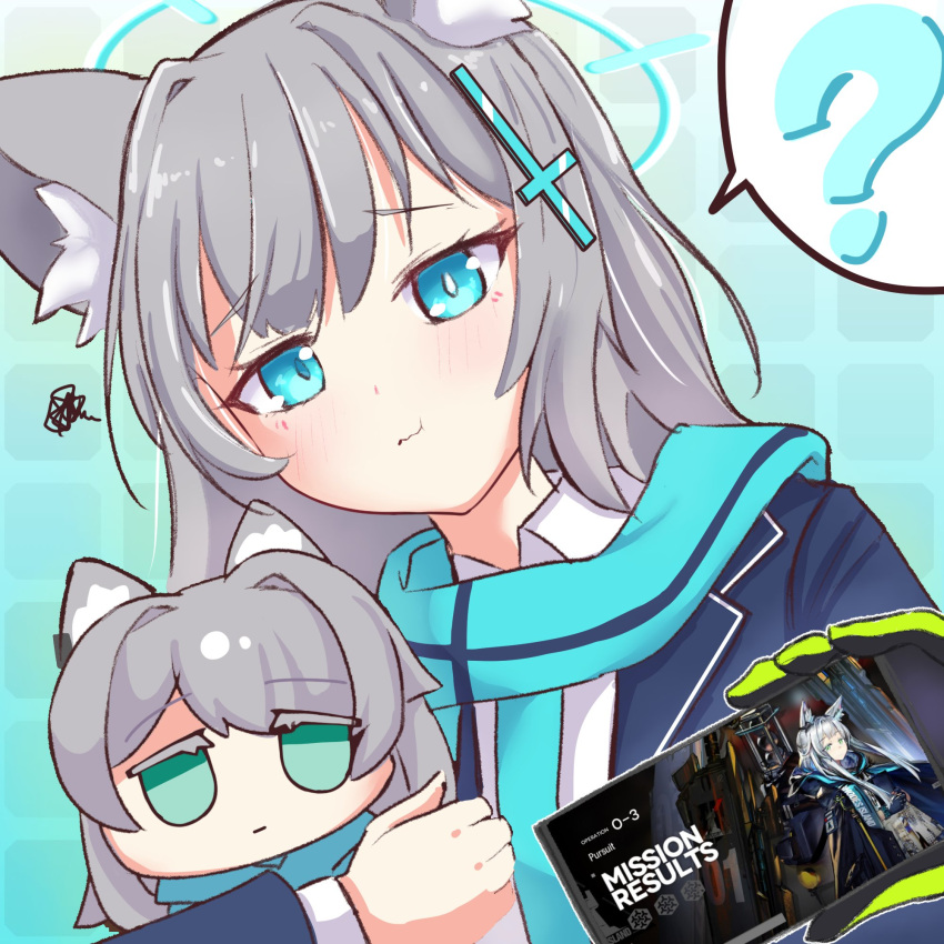 1girl :t ? animal_ear_fluff animal_ears arknights black_gloves blue_archive blue_eyes blue_jacket blue_necktie blue_scarf cellphone character_doll closed_mouth collared_shirt colored_eyelashes commentary gloves green_eyes green_gloves grey_hair halo highres holding holding_phone jacket kelsuis looking_at_viewer necktie ogura_yui open_clothes open_jacket phone pout rosmontis_(arknights) scarf school_uniform shiroko_(blue_archive) shirt single_glove solo spoken_question_mark squiggle upper_body voice_actor_connection wavy_mouth white_shirt