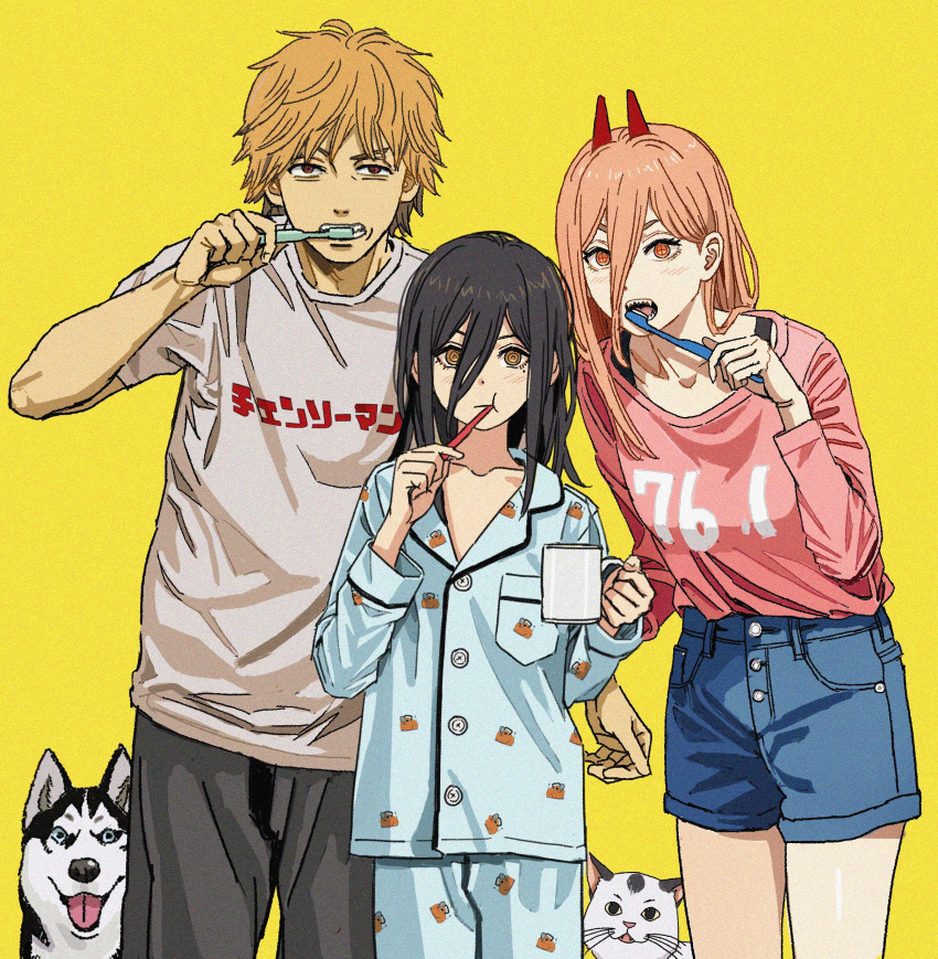 1boy 2girls :t absurdres black_hair blonde_hair blush brushing_teeth casual cat chainsaw_man commentary cross-shaped_pupils cup demon_horns denim denim_shorts denji_(chainsaw_man) dog english_commentary expressionless hair_between_eyes highres holding holding_cup holding_toothbrush horns long_hair long_sleeves looking_at_viewer messy_hair mole mole_under_eye mug multiple_girls nayuta_(chainsaw_man) pajamas pink_hair pochita_(chainsaw_man) power_(chainsaw_man) red_horns ringed_eyes sharp_teeth shiren_(ourboy83) shirt_tucked_in short_hair shorts simple_background symbol-shaped_pupils teeth toothbrush yellow_background yellow_eyes