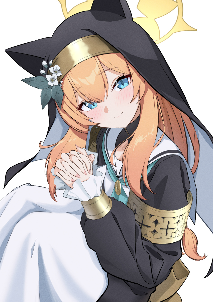 1girl absurdres animal_ear_headwear blue_archive blue_eyes blush bocchi_(kuropom7) closed_mouth coif flower green_neckerchief habit hair_between_eyes halo hat hat_flower highres long_hair long_sleeves looking_at_viewer mari_(blue_archive) neckerchief nun orange_hair sailor_collar simple_background smile solo white_background white_flower white_sailor_collar yellow_halo