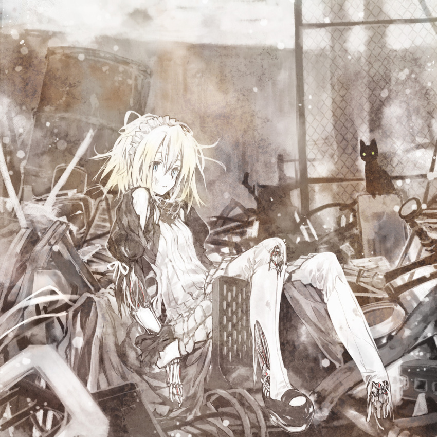 1girl bad_link black_footwear blonde_hair blue_eyes breasts cat chain-link_fence dirty dirty_clothes dirty_face dress expressionless fence highres medium_hair messy_hair original robot rubble sepia sitting small_breasts snow solo takano_otohiko thigh-highs torn_clothes white_dress white_thighhighs
