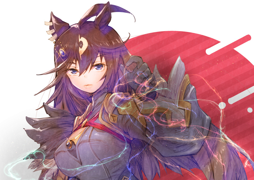 1girl ahoge animal_ears black_feathers black_gloves brown_hair commentary_request duramente_(umamusume) ear_ornament feathers gloves hair_between_eyes highres horse_ears horse_girl light_brown_hair light_trail long_hair looking_at_viewer medium_request solo umamusume upper_body usapenpen2019 violet_eyes white_background