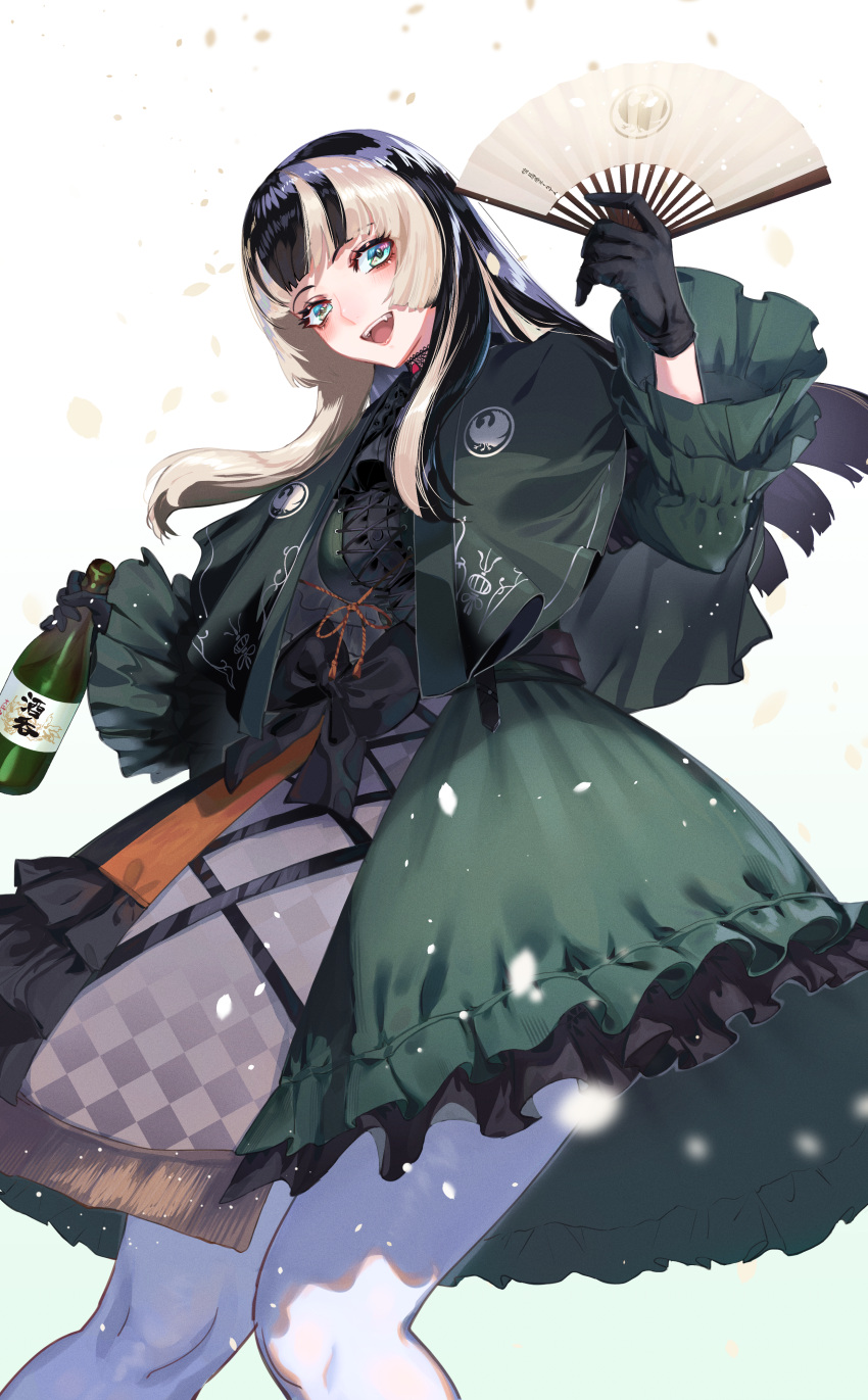 1girl :d absurdres alcohol black_dress black_gloves black_hair blue_eyes blunt_bangs bottle breasts dress frills gloves gothic_lolita grey_hair hand_fan highres holding holding_bottle holding_fan hololive hololive_dev_is juufuutei_raden lolita_fashion long_hair looking_at_viewer multicolored_hair murechika pantyhose paper_fan sidelocks simple_background smile solo streaked_hair teeth virtual_youtuber white_background white_pantyhose