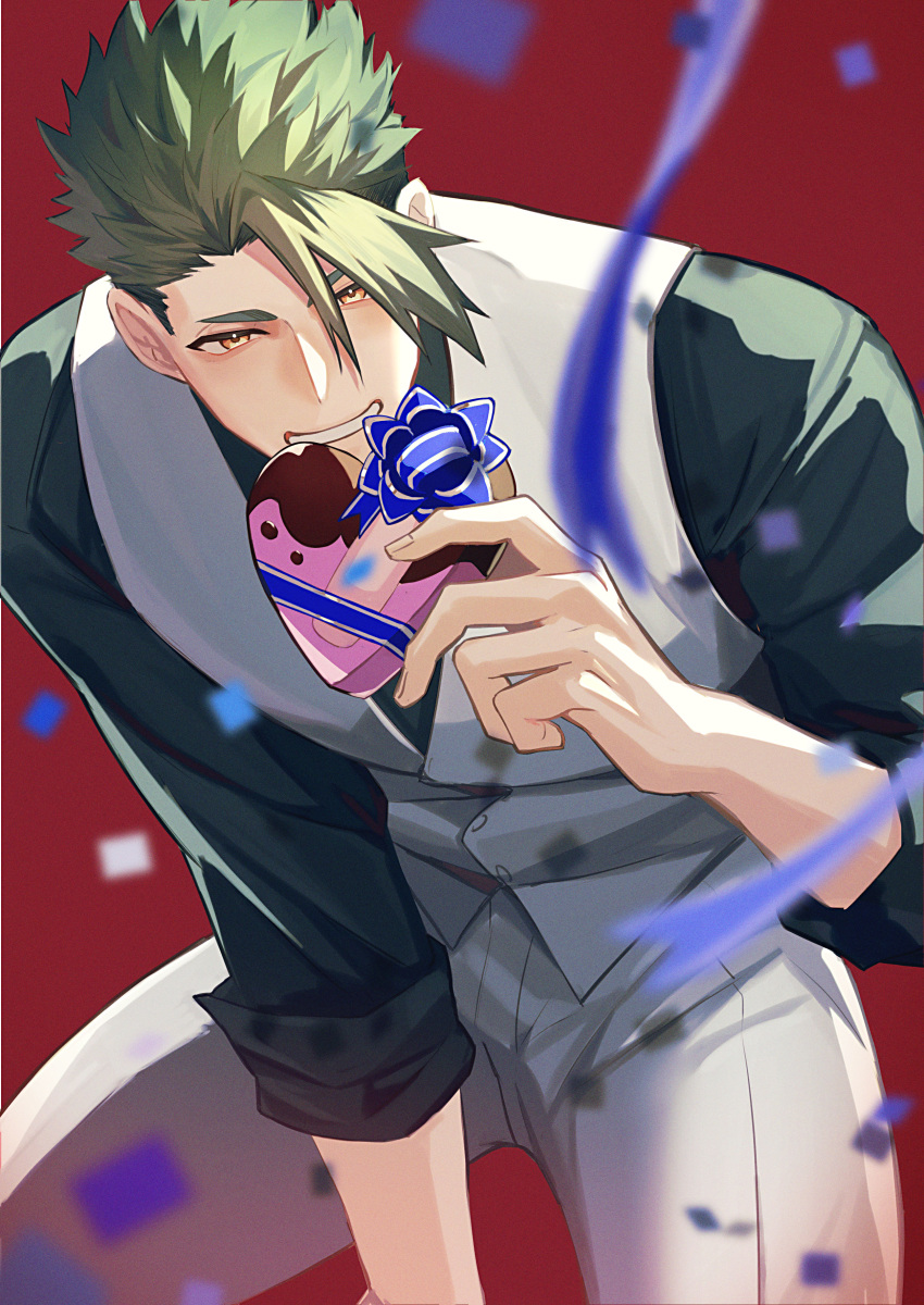 1boy absurdres achilles_(fate) black_shirt box buttons confetti fate/grand_order fate_(series) green_hair grin haruakira heart-shaped_box highres holding holding_box leaning_forward looking_at_viewer male_focus muscular muscular_male orange_eyes pants red_background shirt short_hair smile solo undercut vest white_pants white_vest