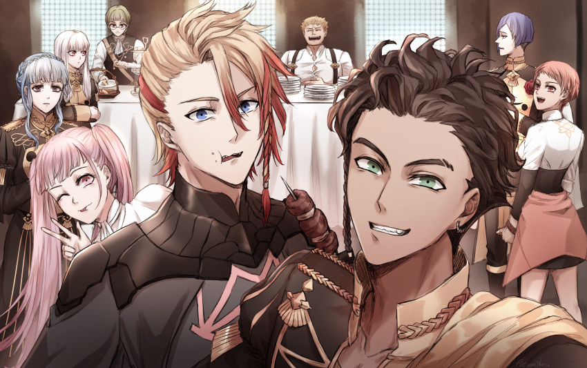4girls 5boys absurdres axel_syrios blonde_hair blue_eyes blue_hair braid brown_eyes brown_hair byleth_(fire_emblem) byleth_(male)_(fire_emblem) byleth_(male)_(fire_emblem)_(cosplay) claude_von_riegan commentary cosplay crossover crumbs eating fire_emblem fire_emblem:_three_houses food garreg_mach_monastery_uniform green_eyes group_picture highres hilda_valentine_goneril holding holding_skewer holostars holostars_english ignatz_victor laughing leonie_pinelli long_hair looking_at_another looking_at_viewer lorenz_hellman_gloucester lysithea_von_ordelia marianne_von_edmund medium_hair multicolored_hair multiple_boys multiple_girls one_eye_closed pink_hair plate potamikouu purple_hair raphael_kirsten short_hair side_braid skewer symbol-only_commentary table tongue tongue_out twintails two-tone_hair v virtual_youtuber white_hair
