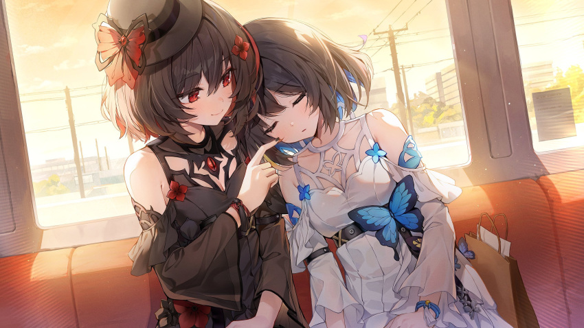 2girls acco_(sh_in) alternate_costume bag bare_shoulders birthday black_headwear black_nails black_sleeves butterfly_ornament closed_eyes closed_mouth day dress hat highres honkai_(series) honkai_impact_3rd indoors looking_at_another multiple_girls official_alternate_costume red_eyes redhead seele_(alter_ego) seele_vollerei seele_vollerei_(stygian_nymph) seele_vollerei_(swallowtail_phantasm) short_hair sitting sleeping upper_body white_dress