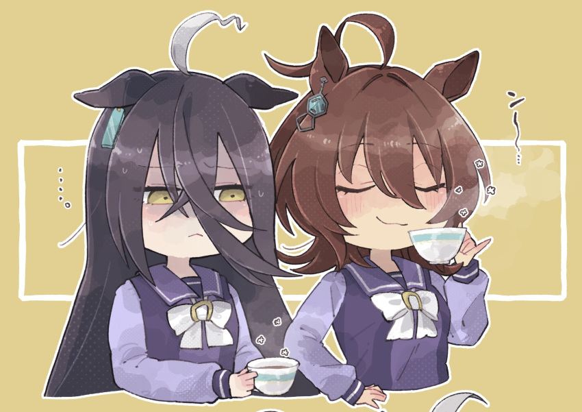 ... 2girls :&lt; agnes_tachyon_(umamusume) ahoge animal_ears black_hair blush bow bowtie breasts brown_hair chibi closed_eyes closed_mouth cropped_torso cup earrings ears_down furrowed_brow hair_between_eyes highres holding holding_cup horse_ears jewelry long_hair long_sleeves manhattan_cafe_(umamusume) multiple_girls outline pinky_out purple_shirt sailor_collar school_uniform shirt short_hair single_earring small_breasts smile smug steam sweat tea teacup tracen_school_uniform umamusume upper_body white_outline yagamin_(ygmn01) yellow_background yellow_eyes