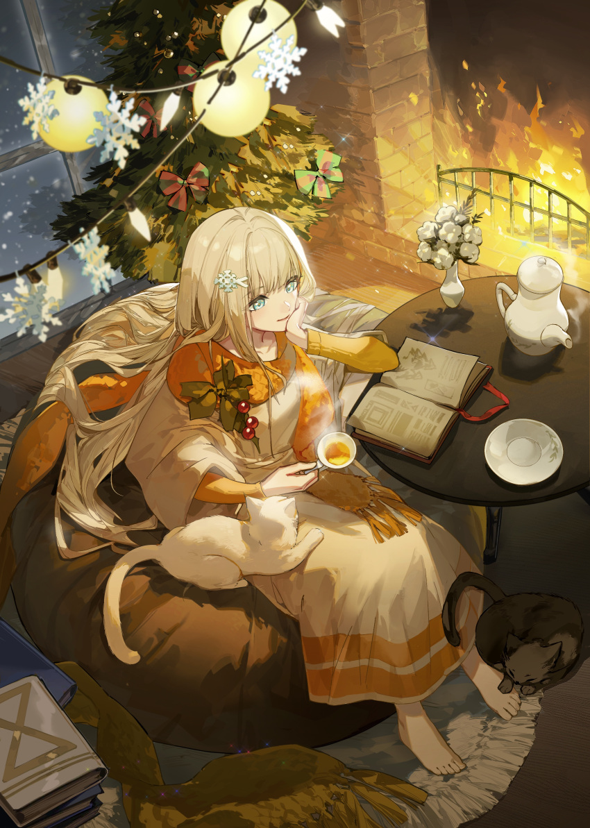 1girl absurdres aqua_eyes arm_support barefoot black_cat blonde_hair book cat christmas_tree cup dress flower hair_ornament hairclip highres holding holding_cup long_hair long_sleeves original rafaelaaa sitting smile solo stove teapot vase white_cat winter