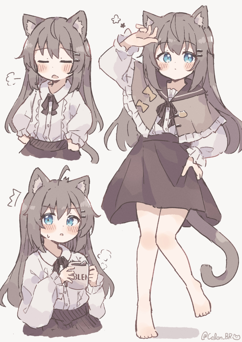 1girl absurdres animal_ear_fluff animal_ears arm_up blue_eyes blush brown_coat brown_hair brown_neckerchief cat_ears cat_girl cat_tail closed_eyes coat collared_shirt colon_br cropped_torso cup duplicate flower_(symbol) full_body hair_ornament hairclip hand_on_own_hip hands_on_own_hips highres holding holding_cup knee_blush legs_apart long_hair long_sleeves looking_to_the_side mug multiple_views neckerchief original pixel-perfect_duplicate pleated_skirt shirt shirt_tucked_in skirt solo tail upper_body white_shirt