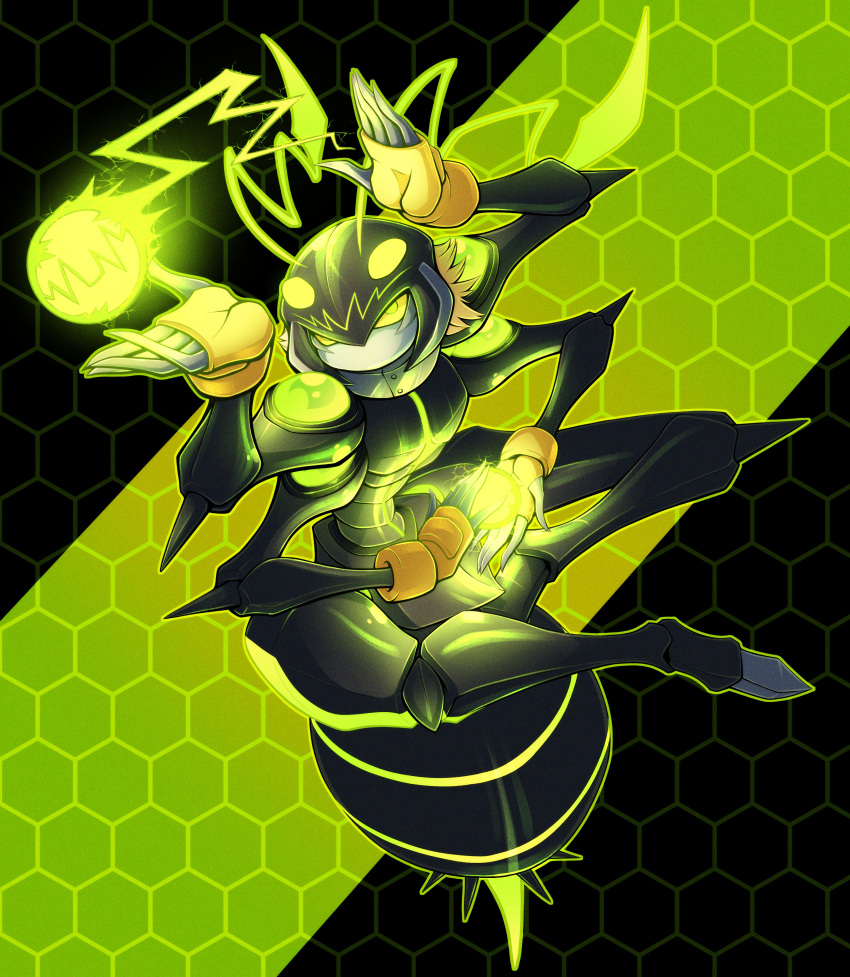 1boy absurdres antennae arthropod_boy black_background blonde_hair bug colored_sclera digimon digimon_(creature) electricity energy_ball exermon extra_arms fingerless_gloves full_body gloves green_background highres honeycomb_(pattern) honeycomb_background kazzanti no_humans short_hair solo two-tone_background yellow_gloves yellow_sclera