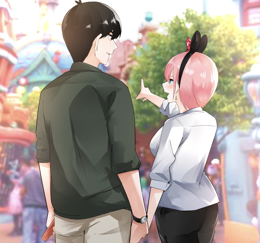 1boy 1girl absurdres animal_ears antenna_hair black_hair black_hairband blue_eyes blurry blurry_background blush breasts commentary_request commission couple cowboy_shot disneyland earrings fake_animal_ears from_behind go-toubun_no_hanayome green_shirt hair_between_eyes hairband hand_up hetero highres holding_hands jewelry large_breasts long_sleeves looking_afar looking_at_another mame1645 mouse_ears nakano_ichika open_mouth orange_eyes parted_lips photo_background pink_hair pointing pointing_forward profile shirt short_hair skeb_commission smile standing straight_hair uesugi_fuutarou watch watch white_shirt
