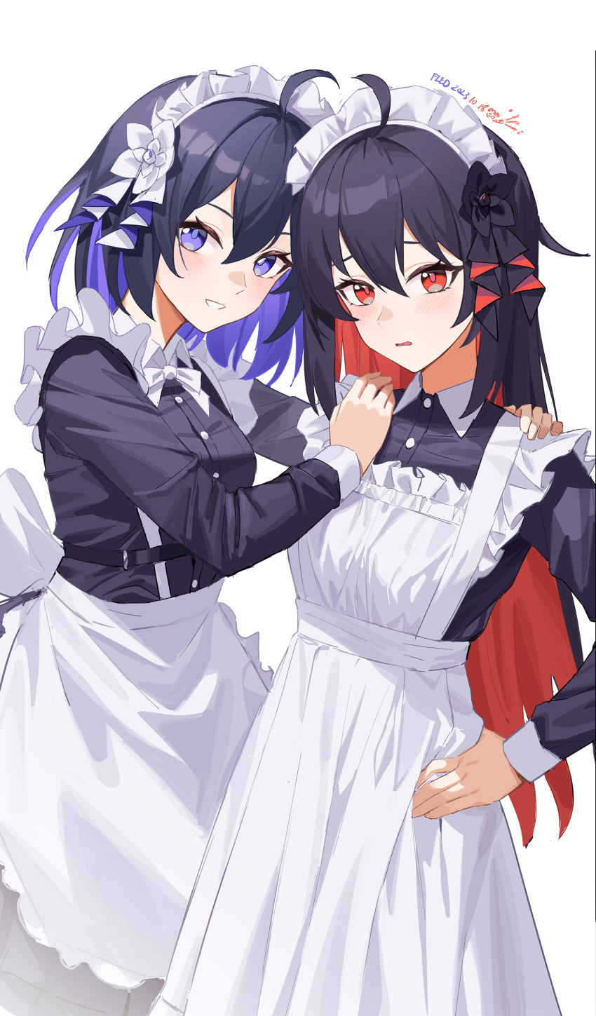 2girls absurdres ahoge alternate_costume apron artist_name black_dress black_hair collared_dress colored_inner_hair commentary_request dated dress fled grin hand_on_another's_shoulder highres honkai_(series) honkai_impact_3rd long_hair long_sleeves looking_at_viewer maid maid_headdress multicolored_hair multiple_girls purple_hair red_eyes redhead seele_(alter_ego) seele_vollerei seele_vollerei_(starchasm_nyx) simple_background smile two-tone_hair violet_eyes white_apron white_background