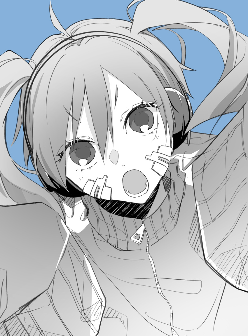 1girl :o absurdres blue_background collared_jacket ene_(kagerou_project) eyes_visible_through_hair facial_mark greyscale_with_colored_background hair_between_eyes headphones highres jacket kagerou_project long_hair looking_at_viewer lower_teeth_only open_mouth popped_collar portrait saitou_shiori_(pixiv14549321) simple_background sleeves_past_fingers sleeves_past_wrists solo teeth track_jacket very_long_sleeves zipper_pull_tab